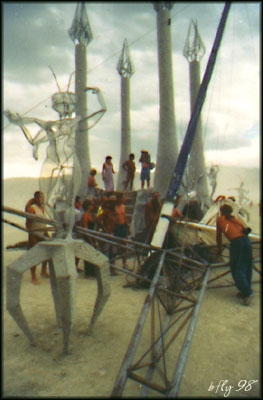 The crowd gathered after the wreck of the land yacht into the Temple of Rudra.